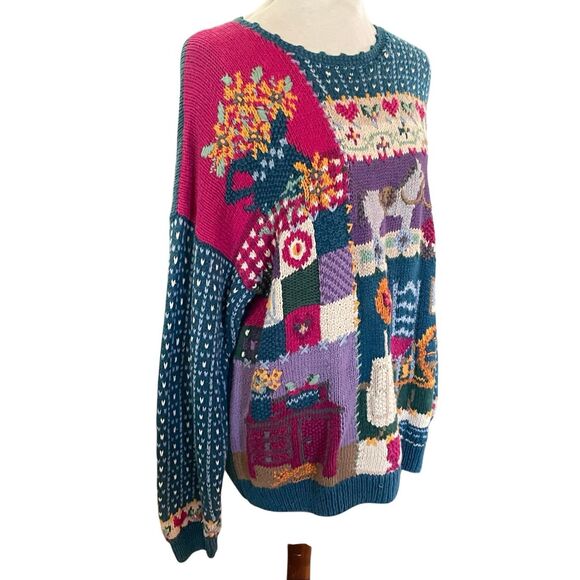 Vintage 80’s Cape Isle Knitters Patchwork Hand Knit Cottagecore Sweater L-RARE - Picture 3 of 13